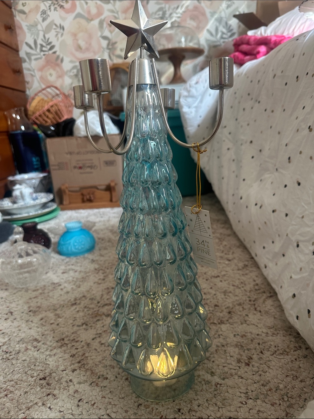 Glass Pine Tree Candelabra - Light Blue